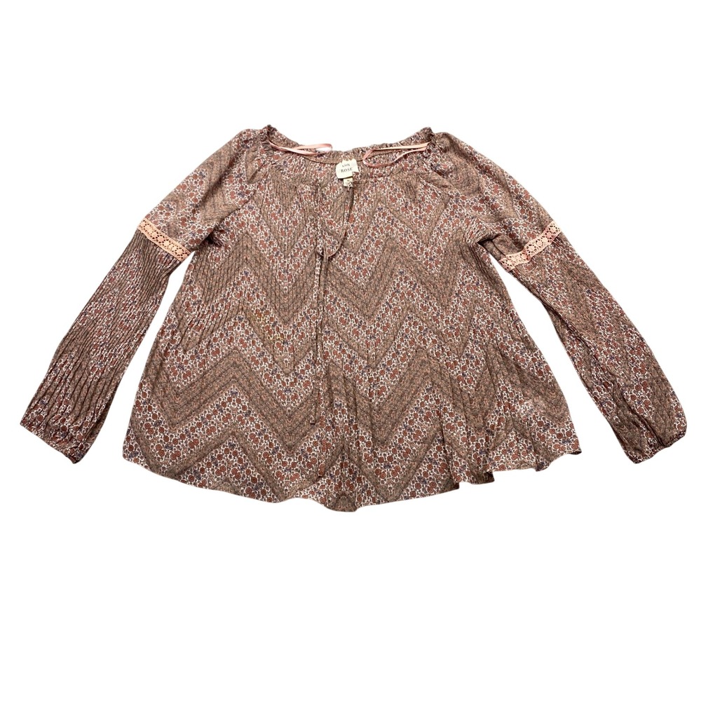 Knox Rose Womens Boho Floral Paisley‎ Chevron Blouse Pink Brown Medium Boho
